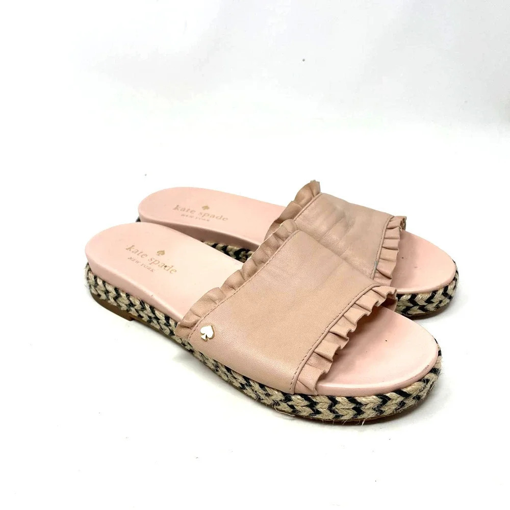 Kate Spade Zahara‎ Pink Leather Ruffle Slide Espadrille Sandals Size US 6